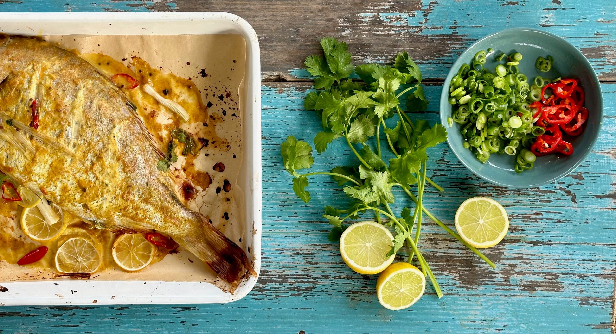 Snapper with herbs and limes.