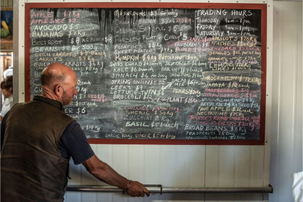 Chalk board with seasonal produce at the farmgate