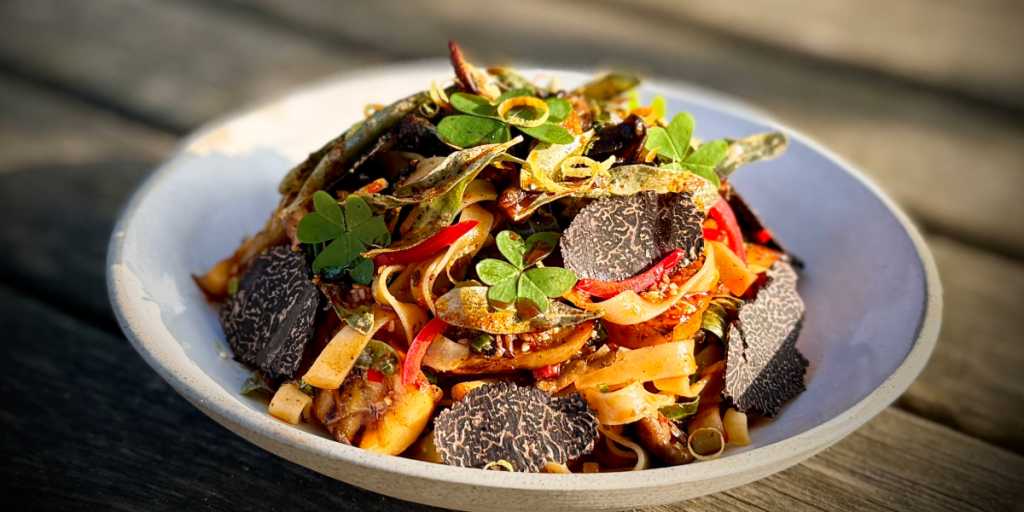 Egg noodles with grilled oyster mushrooms and truffle by Ben Dowling of Tulum Store.
